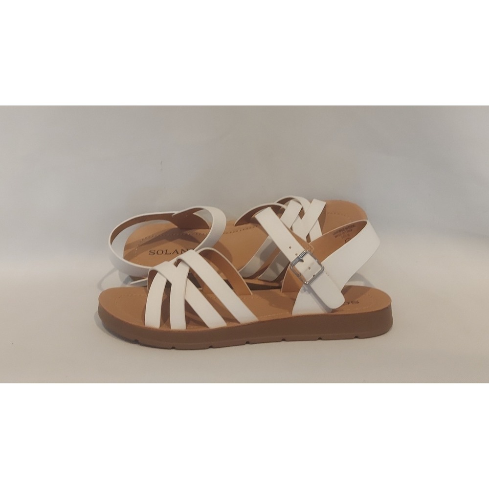 Solanz Womens White Faux Leather Lev-S Sandals Slip-Ons Flats Size 8.5